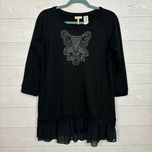 LOGO LAVISH by LORI GOLDSTEIN BLACK BEADED LOGO BLOUSE SIZE SMALL